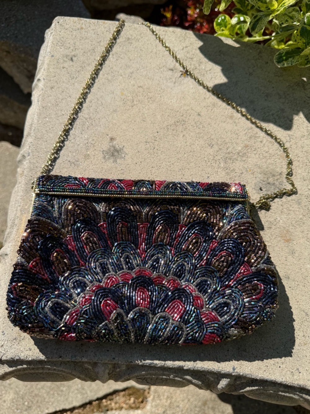 Vintage Beaded Evening Clutch in Multicolor with Chain Strap